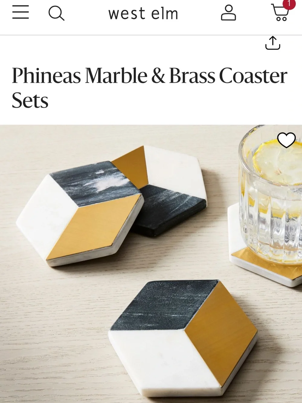 West Elm Hex Marble Coaster Set in Marble and Brass